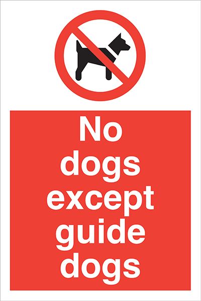 Señal de prohibición de perros con texto en inglés No Dogs Except Guide [vinilo autoadhesivo, 150 mm x 200 mm, A5